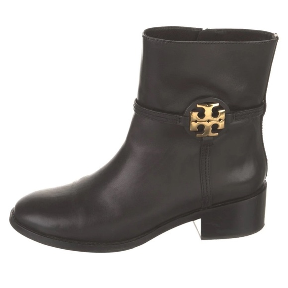 Tory Burch Miller black leather boots gold tone logo zipper booties Sz 10 1/2 - Picture 4 of 13